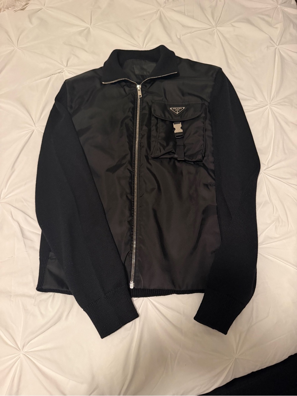 Prada Black Mixed-Material Zip-Front Jacket